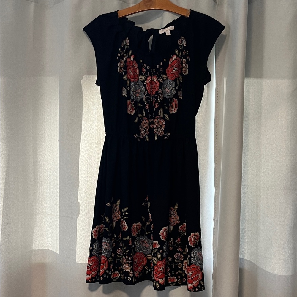 LC Lauren Conrad Black Mini Dress with Red and Gray Floral Embroidery
